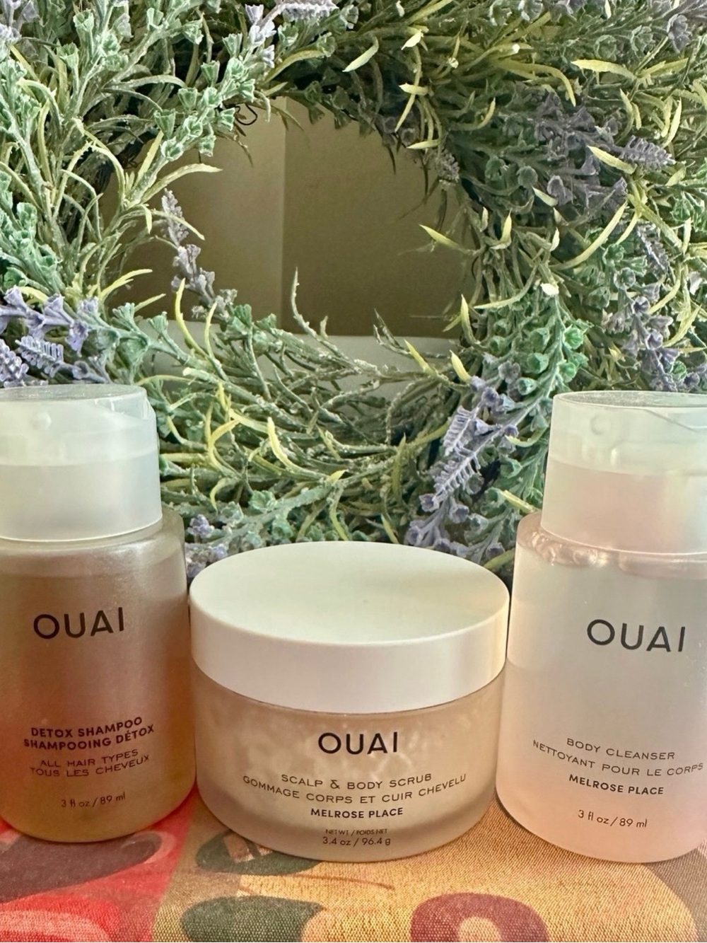 OUAI Pink and White Travel Detox Shampoo, Scalp & Body Scrub, Body Cleanser Set
